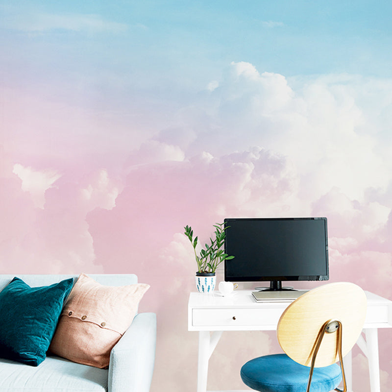 Extra Large Mural Pink Cloud and Blue Sky Non-Woven Fabric Wall Covering for Home Decor, Custom-Made Pink-Blue Clearhalo 'Wall Decor' 'Wall Mural' 965371