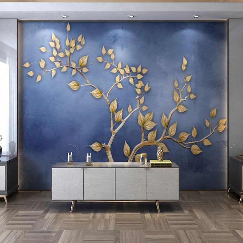 Giant Leaf and Cloud Mural Contemporary Novelty 3D Effect Wall Decor in Blue and Gold Clearhalo 'Wall Decor' 'Wall Mural' 965382