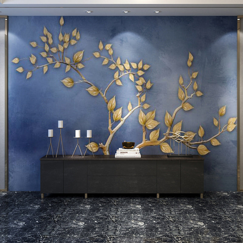 Giant Leaf and Cloud Mural Contemporary Novelty 3D Effect Wall Decor in Blue and Gold Clearhalo 'Wall Decor' 'Wall Mural' 965383