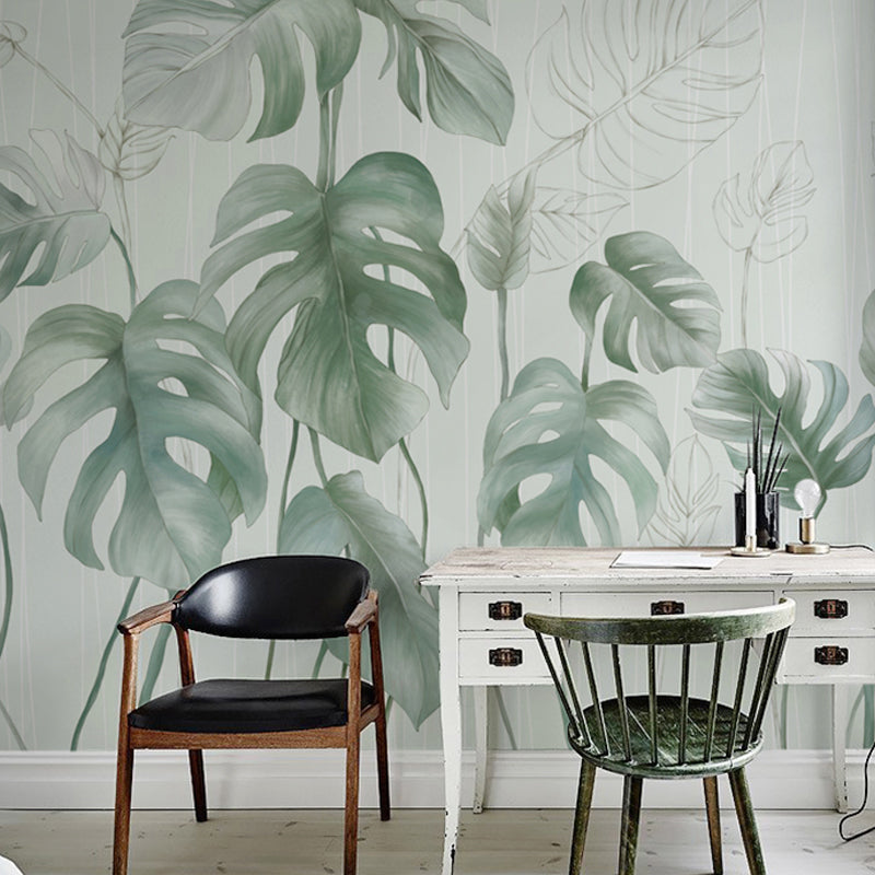 Pastel Green Tropical Plant Mural Stain-Resistant Wall Covering for Living Room Green Clearhalo 'Wall Decor' 'Wall Mural' 965386