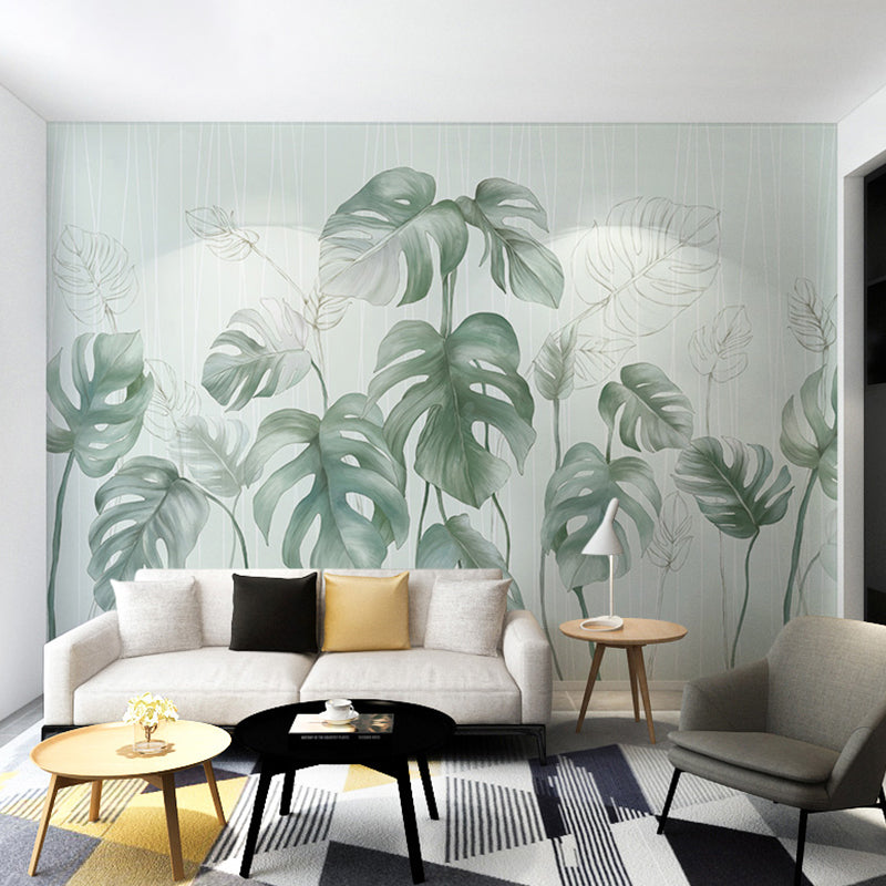 Pastel Green Tropical Plant Mural Stain-Resistant Wall Covering for Living Room Clearhalo 'Wall Decor' 'Wall Mural' 965387