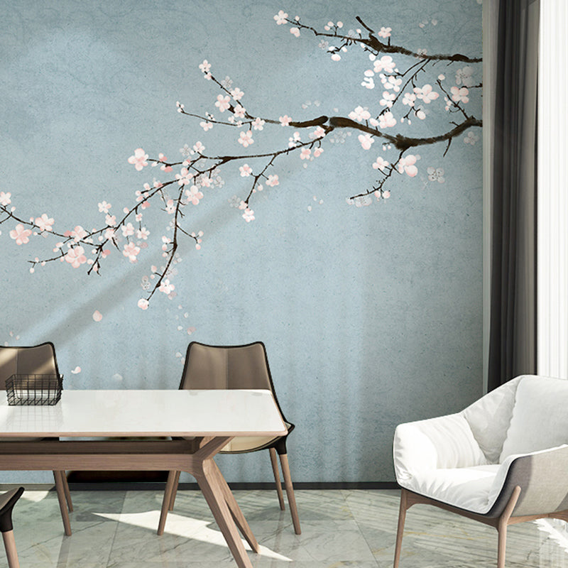 Decorative Plum Blossom Mural Wallpaper Non-Woven Fabric Contemporary Wall Art for Accent Wall Blue Clearhalo 'Wall Decor' 'Wall Mural' 965406