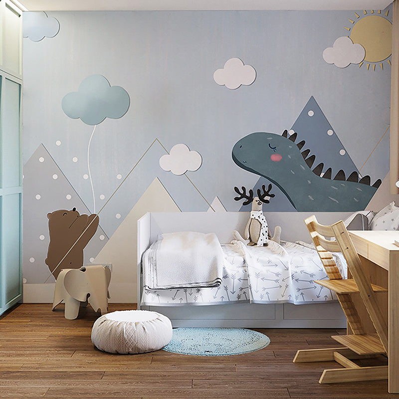 Full Illustration Simple Wall Mural Kid's Bedroom Cartoon Dinosaur in Blue Clearhalo 'Wall Decor' 'Wall Mural' 965527