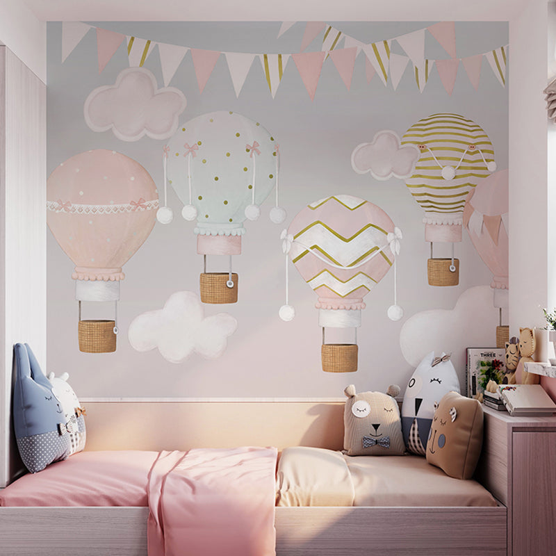 Pastel Pink Mural Minimalist Extra Large Balloon and Flag Wall Art for Girl's Bedroom Pink Clearhalo 'Wall Decor' 'Wall Mural' 965541