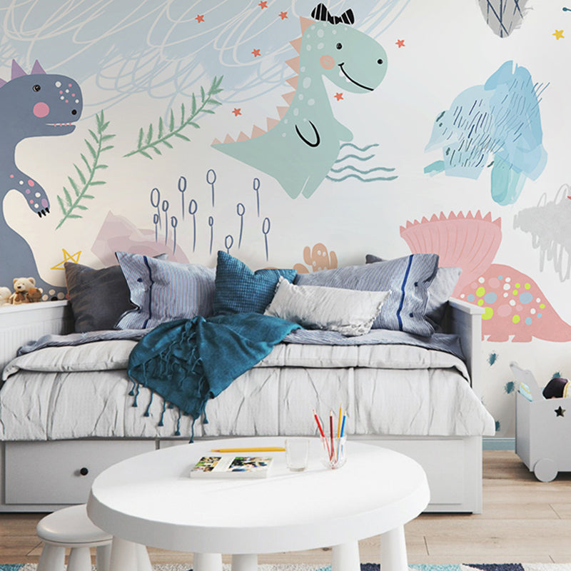 Decorative Cartoon Dinosaur Wall Covering Modern Wall Mural for Kindergarten and Children Green-Pink-Blue Clearhalo 'Wall Decor' 'Wall Mural' 965546