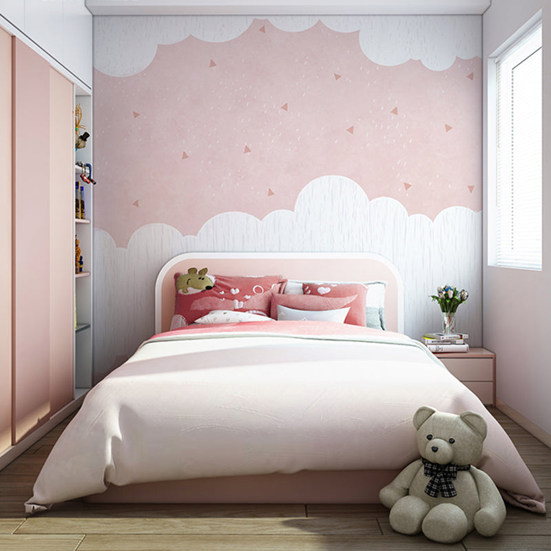 Non-Woven Fabric Mural Pink Minimalist Cloud Wall Covering for Girls, Custom-Made Pink Clearhalo 'Wall Decor' 'Wall Mural' 965556