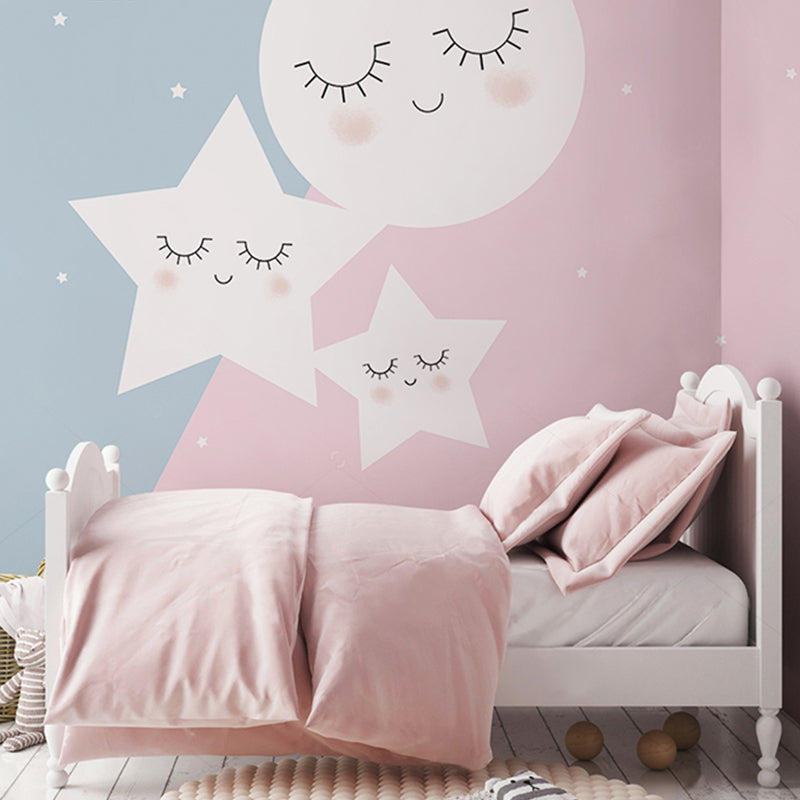 Cartoon Star and Moon Mural for Kids, Pink and Blue, Personalized Size Available Pink-Blue Clearhalo 'Wall Decor' 'Wall Mural' 965576