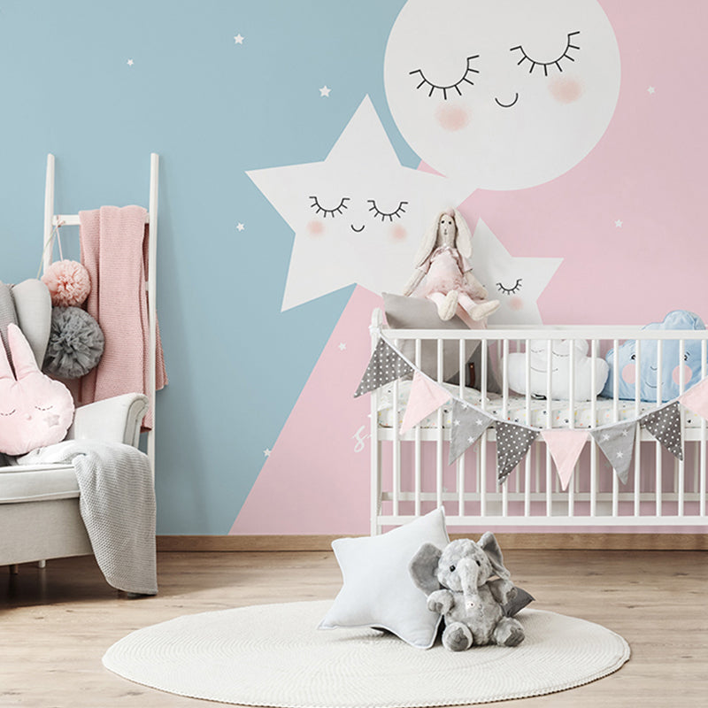 Cartoon Star and Moon Mural for Kids, Pink and Blue, Personalized Size Available Clearhalo 'Wall Decor' 'Wall Mural' 965577