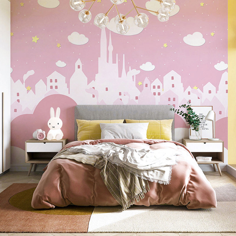 Extra Large Castle Wall Decor in Pink Non-Woven Fabric Wall Mural for Girl, Custom-Printed Pink Clearhalo 'Wall Decor' 'Wall Mural' 965581