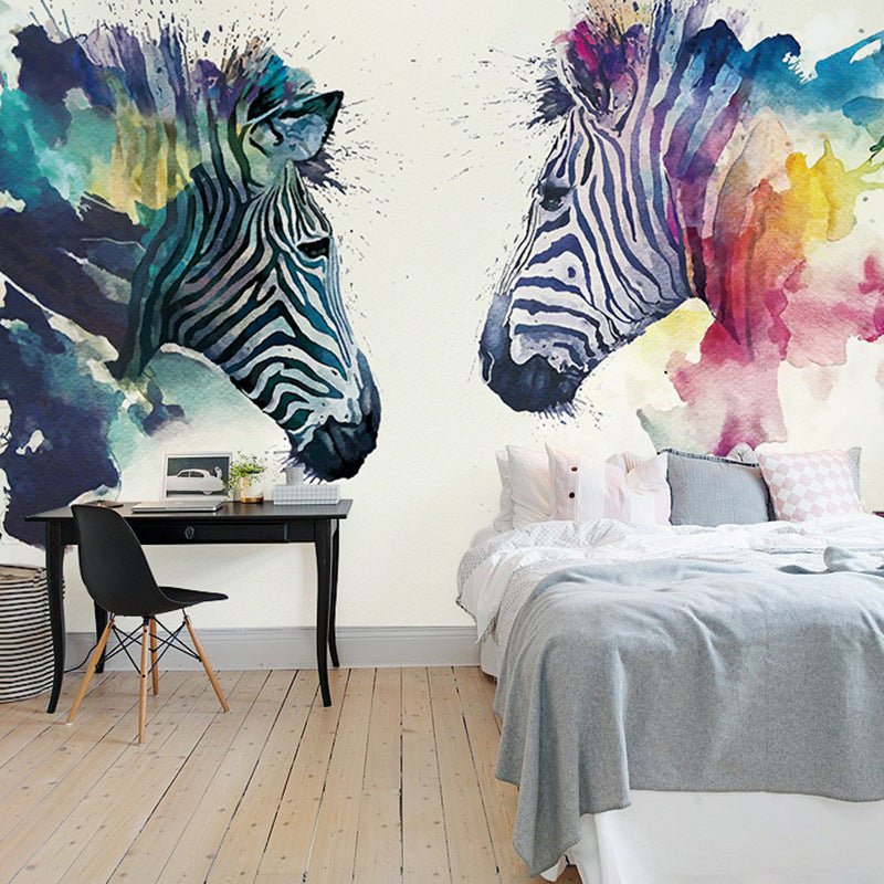 Cool Zebra Mural Wallpaper for Accent Wall, Black and White, Personalized Size Available Blue-Pink-Yellow Clearhalo 'Wall Decor' 'Wall Mural' 965596