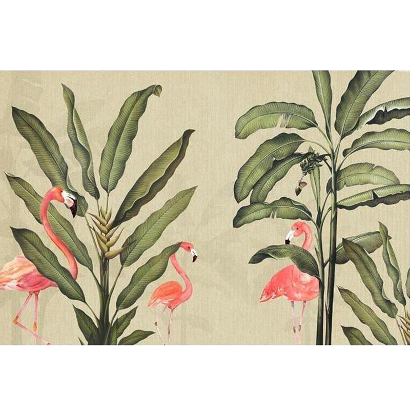 Big Flamingo and Leaf Mural in Pink and Green Non-Woven Fabric Wall Art for Home Decor, Made to Measure Clearhalo 'Wall Decor' 'Wall Mural' 965603