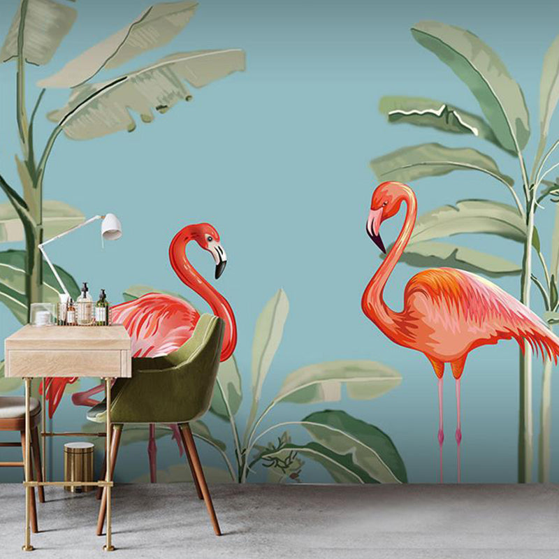 Pink and Green Flamingo Mural Wallpaper Water-Resistant Wall Covering for Living Room Green-Pink-Blue Clearhalo 'Wall Decor' 'Wall Mural' 965609