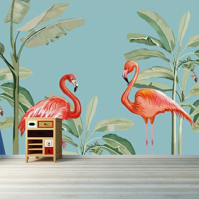 Pink and Green Flamingo Mural Wallpaper Water-Resistant Wall Covering for Living Room Clearhalo 'Wall Decor' 'Wall Mural' 965610