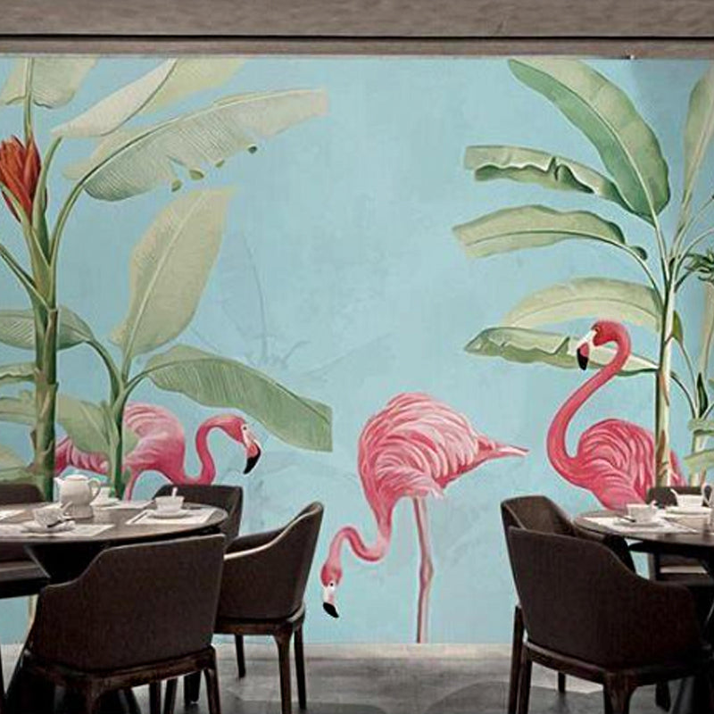 Illustration Flamingo and Leaf Mural Full Size Wall Art for Coffee Shop, Custom-Printed Green-Pink-Blue Clearhalo 'Wall Decor' 'Wall Mural' 965613