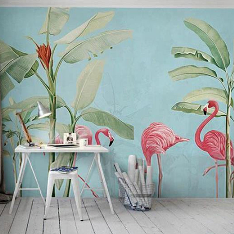 Illustration Flamingo and Leaf Mural Full Size Wall Art for Coffee Shop, Custom-Printed Clearhalo 'Wall Decor' 'Wall Mural' 965614