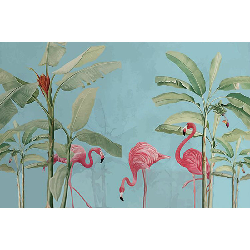 Illustration Flamingo and Leaf Mural Full Size Wall Art for Coffee Shop, Custom-Printed Clearhalo 'Wall Decor' 'Wall Mural' 965615