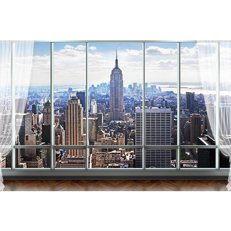 Waterproofing 3D City Wall Art Contemporary Mural Wallpaper for Meeting Room in Blue and Brown Clearhalo 'Wall Decor' 'Wall Mural' 965681