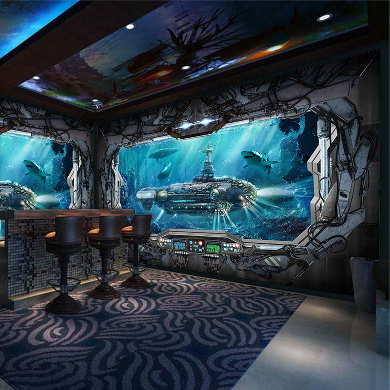 Undersea Mural Wallpaper in Dark Blue, Modern Wall Covering for Theme Restaurant Clearhalo 'Wall Decor' 'Wall Mural' 965719