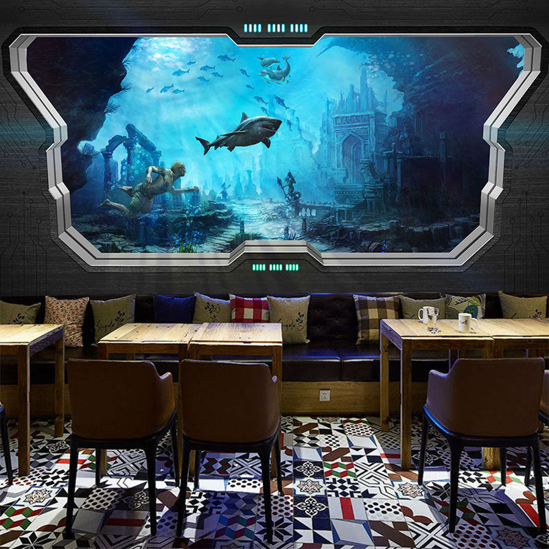 Modern 3D Undersea Mural Wallpaper in Dark Blur, Undersea Wall Covering for Meeting Room Blue Clearhalo 'Wall Decor' 'Wall Mural' 965722