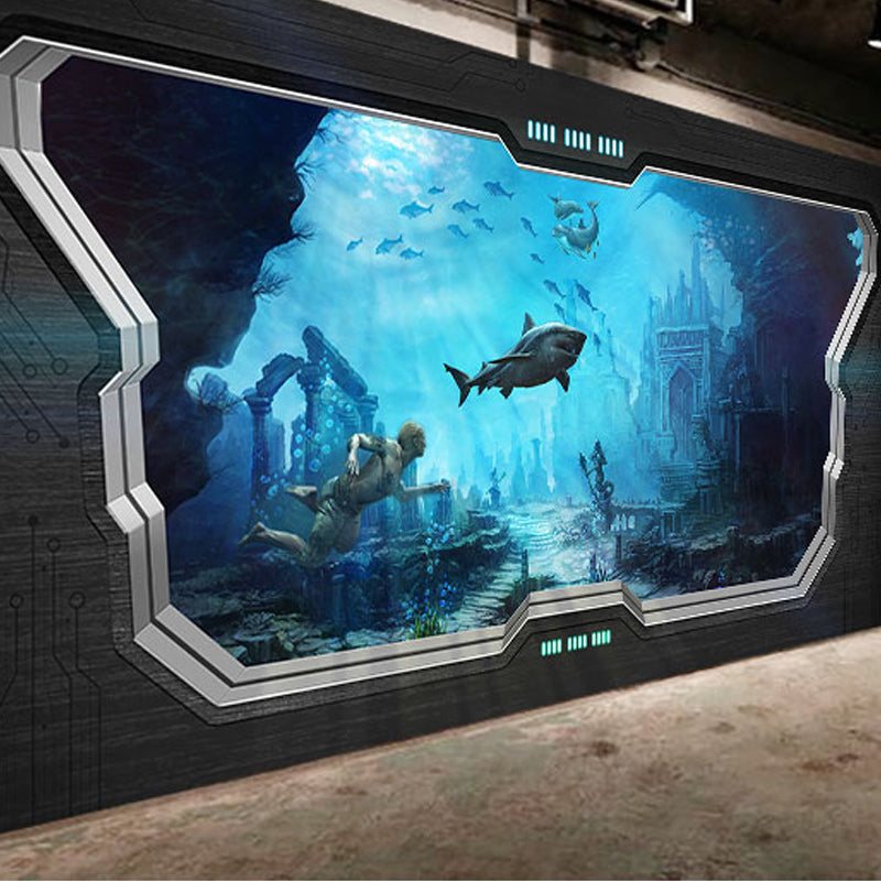 Modern 3D Undersea Mural Wallpaper in Dark Blur, Undersea Wall Covering for Meeting Room Clearhalo 'Wall Decor' 'Wall Mural' 965724