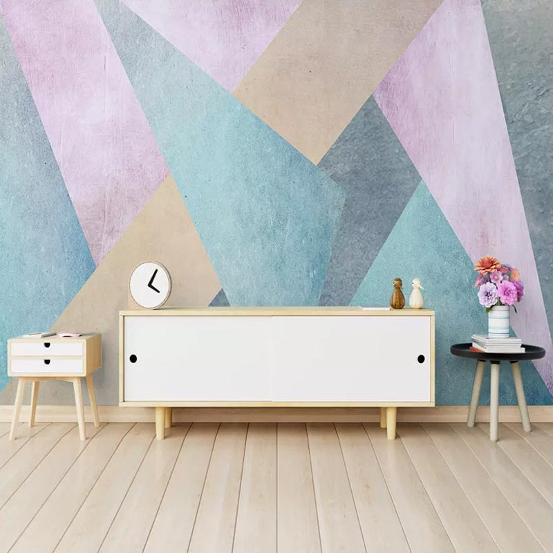 Extra Large Illustration Modern Mural for Accent Wall with Pastel Color Geometries Blue-Pink-Yellow Clearhalo 'Wall Decor' 'Wall Mural' 965747