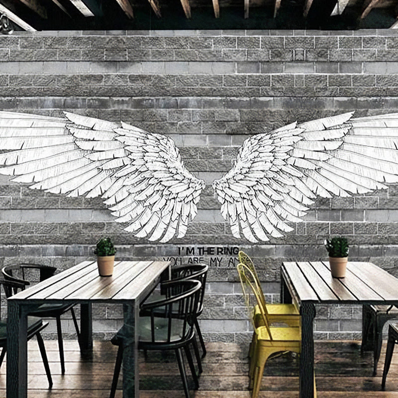 Retro Wing and Stripe Mural for Living Room, Custom-Printed Wall Decor in Grey Gray-White Clearhalo 'Wall Decor' 'Wall Mural' 965787