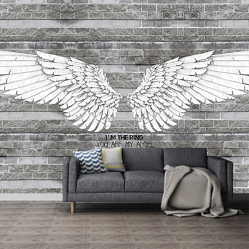 Retro Wing and Stripe Mural for Living Room, Custom-Printed Wall Decor in Grey Clearhalo 'Wall Decor' 'Wall Mural' 965788