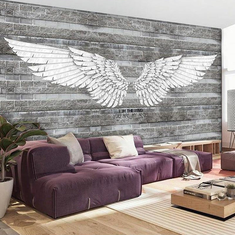 Retro Wing and Stripe Mural for Living Room, Custom-Printed Wall Decor in Grey Clearhalo 'Wall Decor' 'Wall Mural' 965789