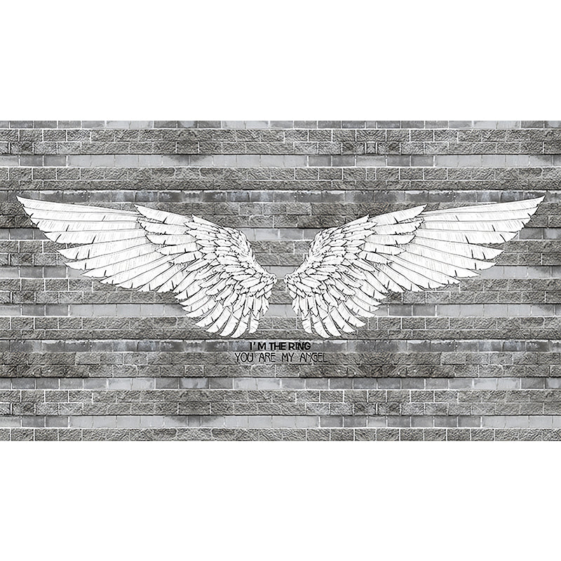 Retro Wing and Stripe Mural for Living Room, Custom-Printed Wall Decor in Grey Clearhalo 'Wall Decor' 'Wall Mural' 965790