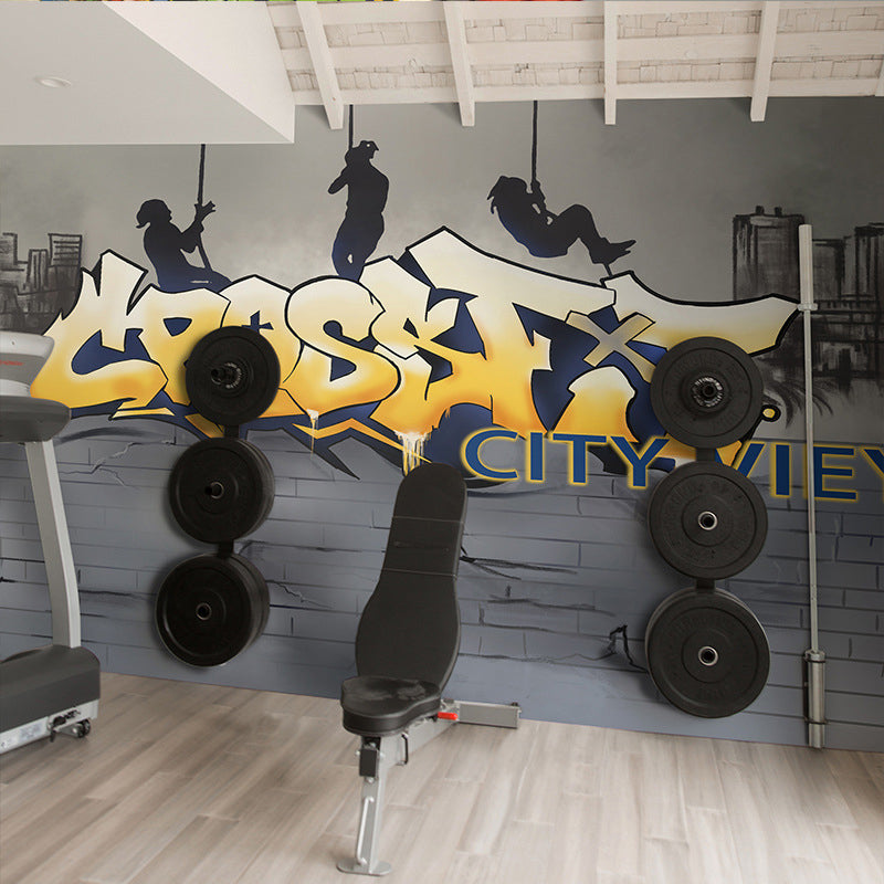 Whole Illustration Fashion Wall Decor for Gym and Dress Room with Graffiti in Yellow and Grey Yellow-Black Clearhalo 'Wall Decor' 'Wall Mural' 965802