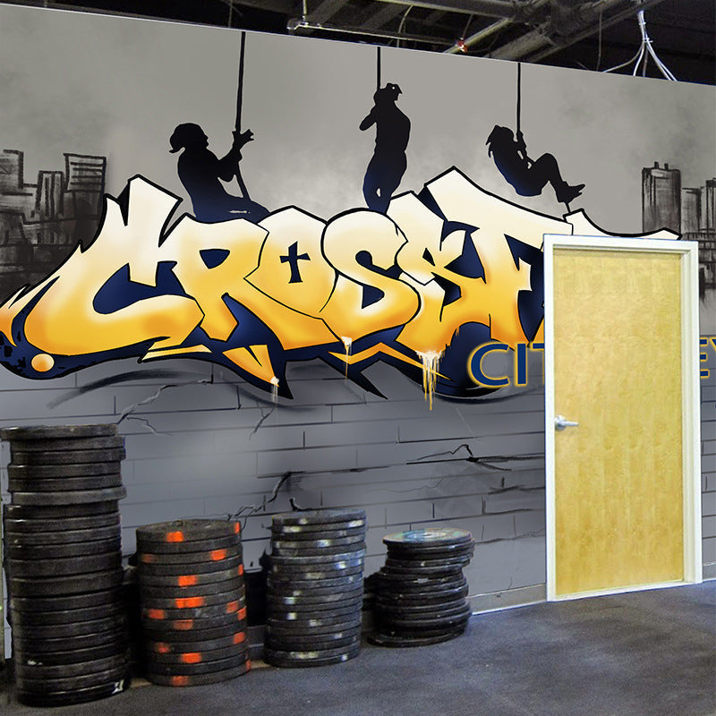 Whole Illustration Fashion Wall Decor for Gym and Dress Room with Graffiti in Yellow and Grey Clearhalo 'Wall Decor' 'Wall Mural' 965804