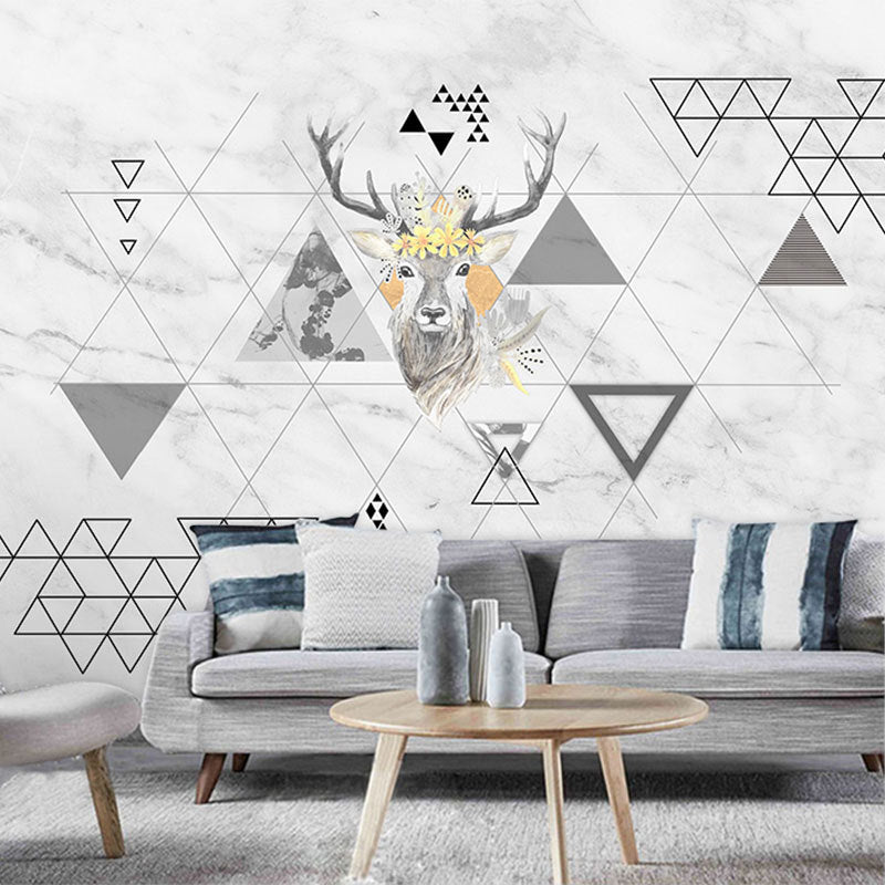 Illustration Deer and Geometries Mural Big Wall Art for Living Room, Made to Measure Grey Clearhalo 'Wall Decor' 'Wall Mural' 965812