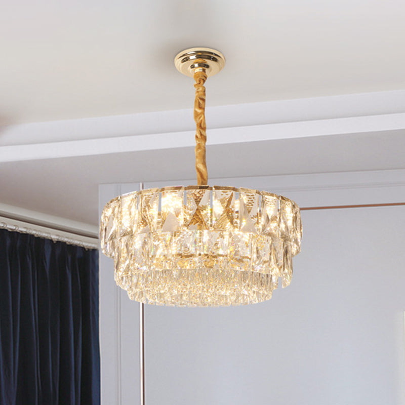 10-Light Drum Chandelier Lighting Simple Gold Cut K9 Crystal Ceiling Suspension Lamp over Table Clearhalo 'Ceiling Lights' 'Chandeliers' Lighting' options 965867