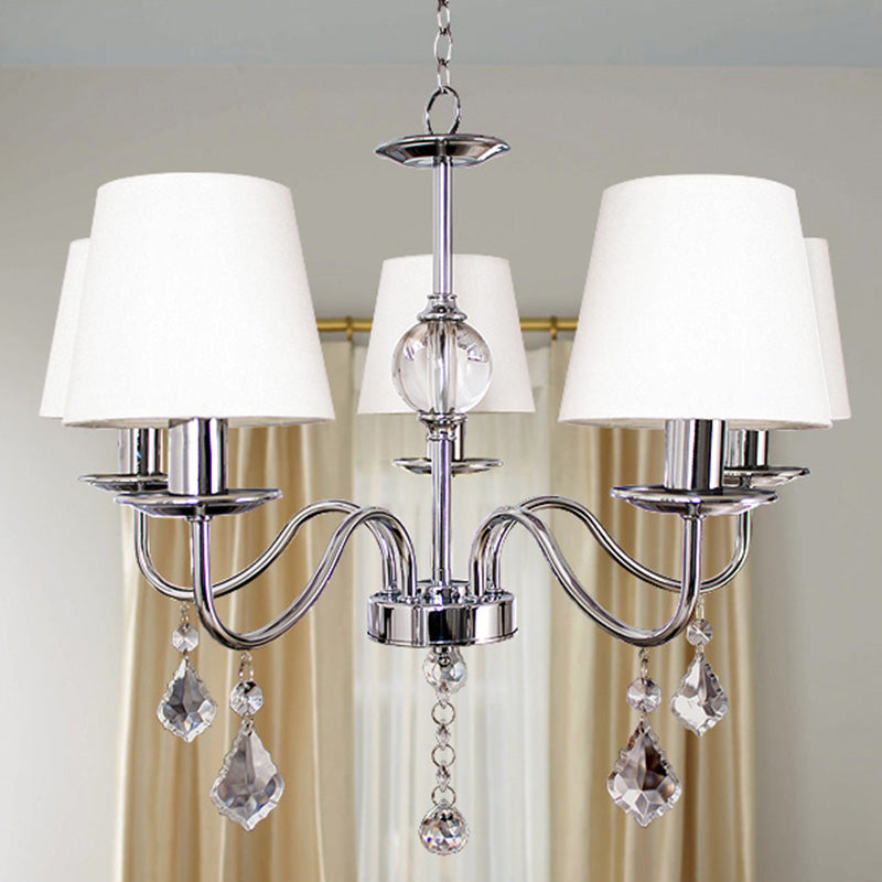 Modern Style Cone Chandelier 5 Heads Fabric Ceiling Pendant in White-Chrome with Crystal Pendeloques Clearhalo 'Ceiling Lights' 'Chandeliers' Lighting' options 965892