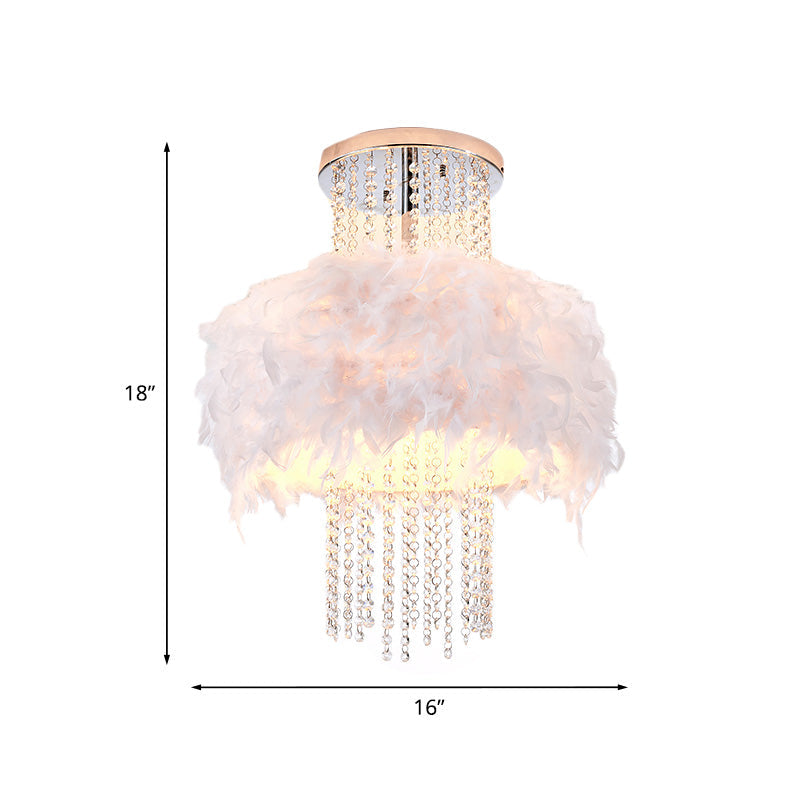 Feather Fluffy Drum Semi Flush Chandelier Modern Style 4 Bulbs Bedroom Ceiling Lamp with Crystal Chain in Chrome Clearhalo 'Ceiling Lights' 'Close To Ceiling Lights' 'Close to ceiling' 'Semi-flushmount' Lighting' 965931