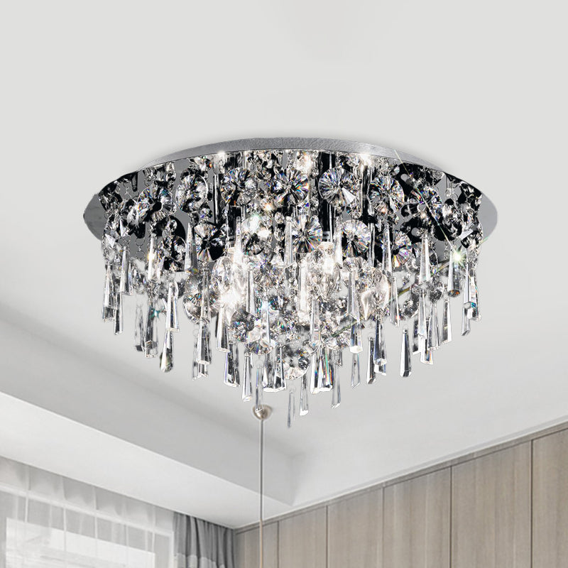 4 Heads Flush Ceiling Light Contemporary Round Crystal Fringe Flush Mount Lighting in Chrome Clearhalo 'Ceiling Lights' 'Close To Ceiling Lights' 'Close to ceiling' 'Flush mount' Lighting' 965963