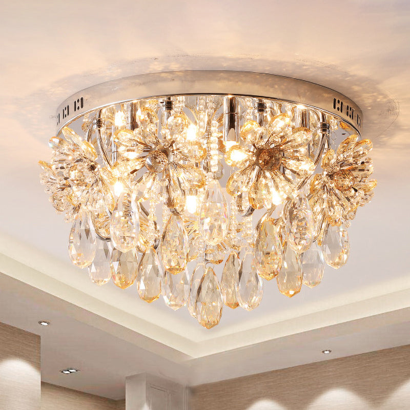 6-Light Flush Ceiling Light Modern Flower and Raindrop Crystal Fringe Flushmount in Chrome for Dining Room Clearhalo 'Ceiling Lights' 'Close To Ceiling Lights' 'Close to ceiling' 'Flush mount' Lighting' 965998