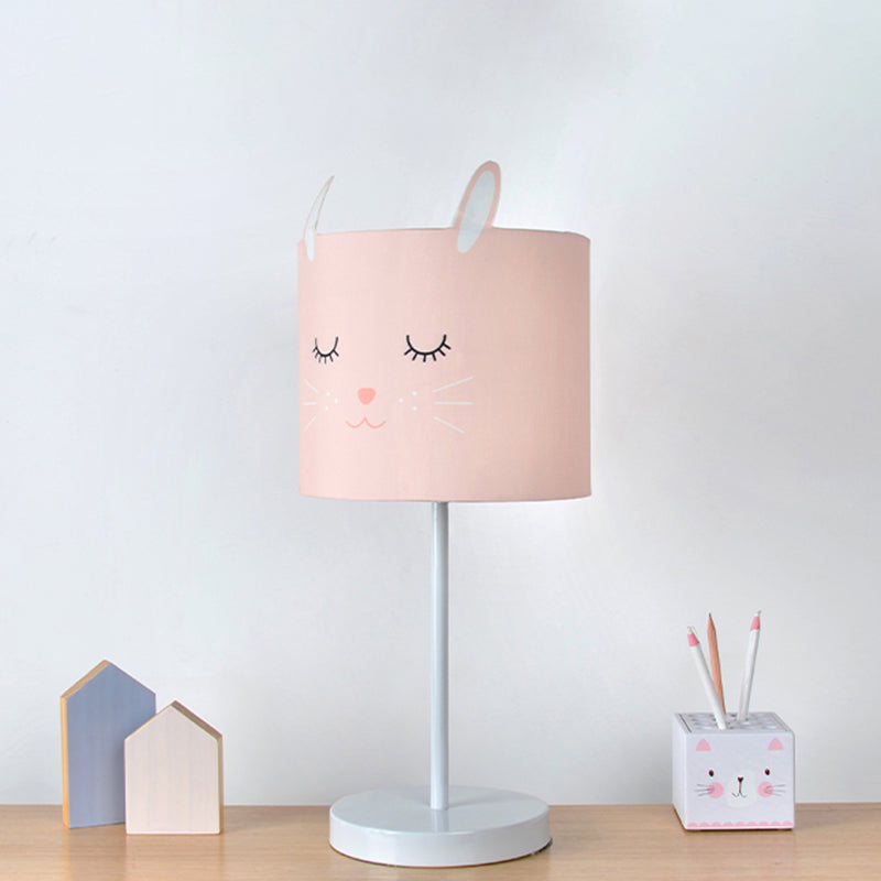 Contemporary Drum Table Lamp Fabric 1 Light Bedroom Night Light with Rabbit Pattern in White/Pink Pink Clearhalo 'Lamps' 'Table Lamps' Lighting' 966247