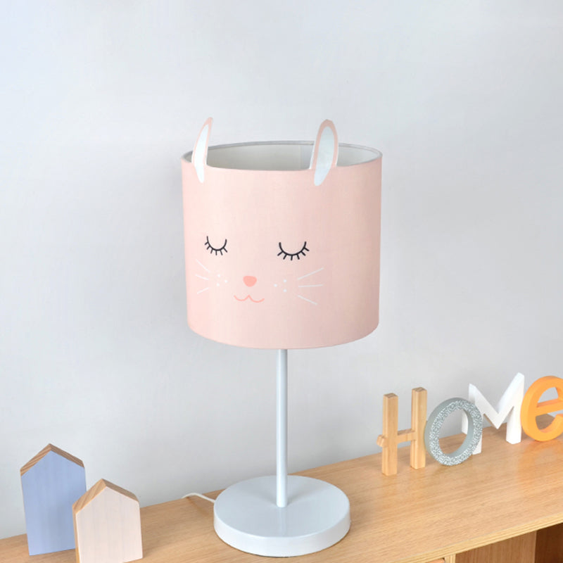 Contemporary Drum Table Lamp Fabric 1 Light Bedroom Night Light with Rabbit Pattern in White/Pink Clearhalo 'Lamps' 'Table Lamps' Lighting' 966248