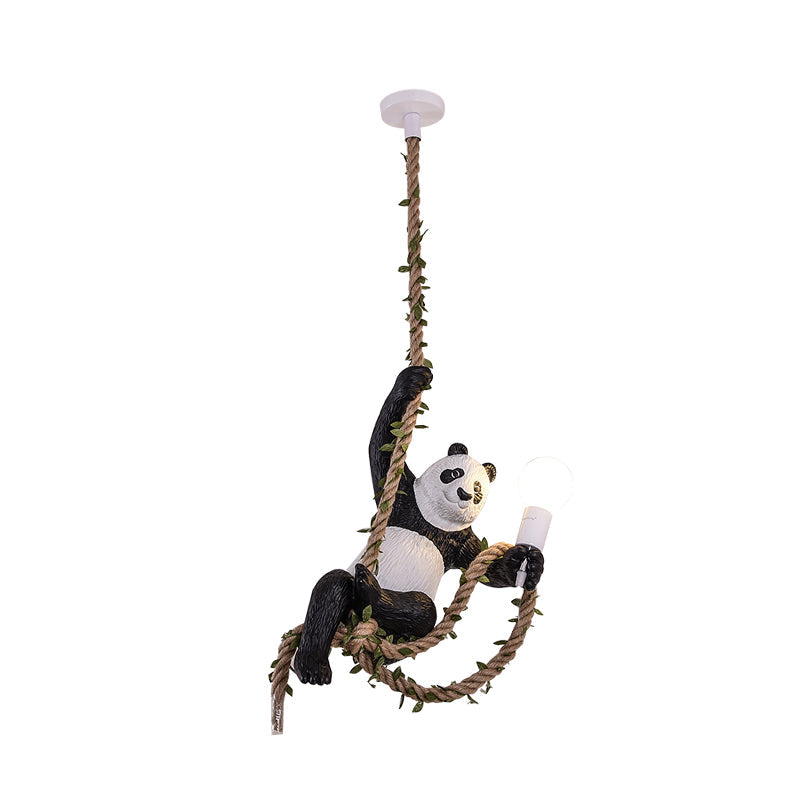 Panda Pendant Light Fixture Creative Resin 1 Bulb Hanging Lamp Kit with Rope Rod in Black and White Clearhalo 'Ceiling Lights' 'Pendant Lights' 'Pendants' Lighting' 966330