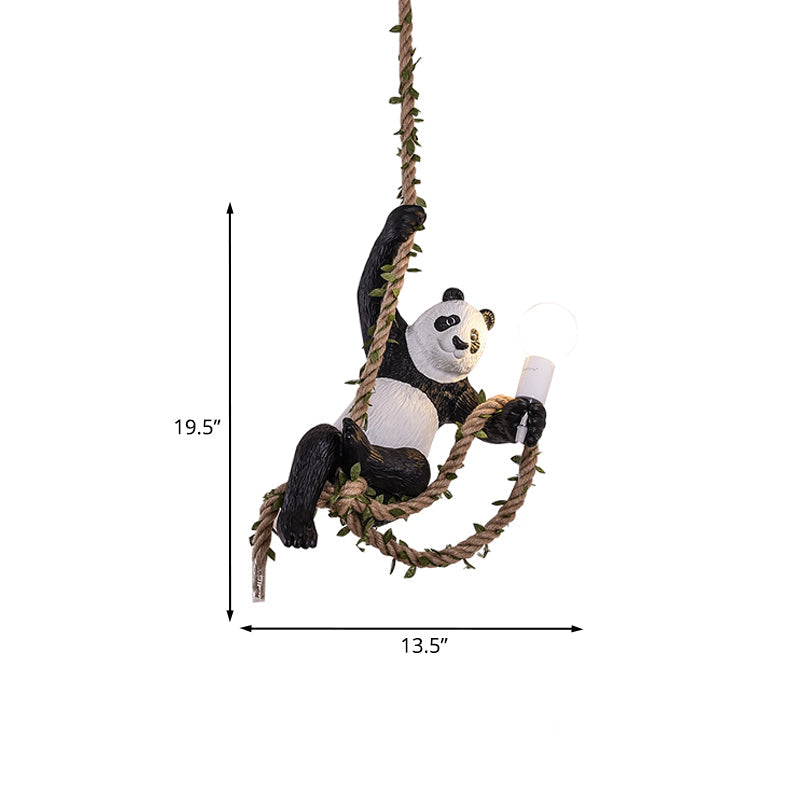 Panda Pendant Light Fixture Creative Resin 1 Bulb Hanging Lamp Kit with Rope Rod in Black and White Clearhalo 'Ceiling Lights' 'Pendant Lights' 'Pendants' Lighting' 966331