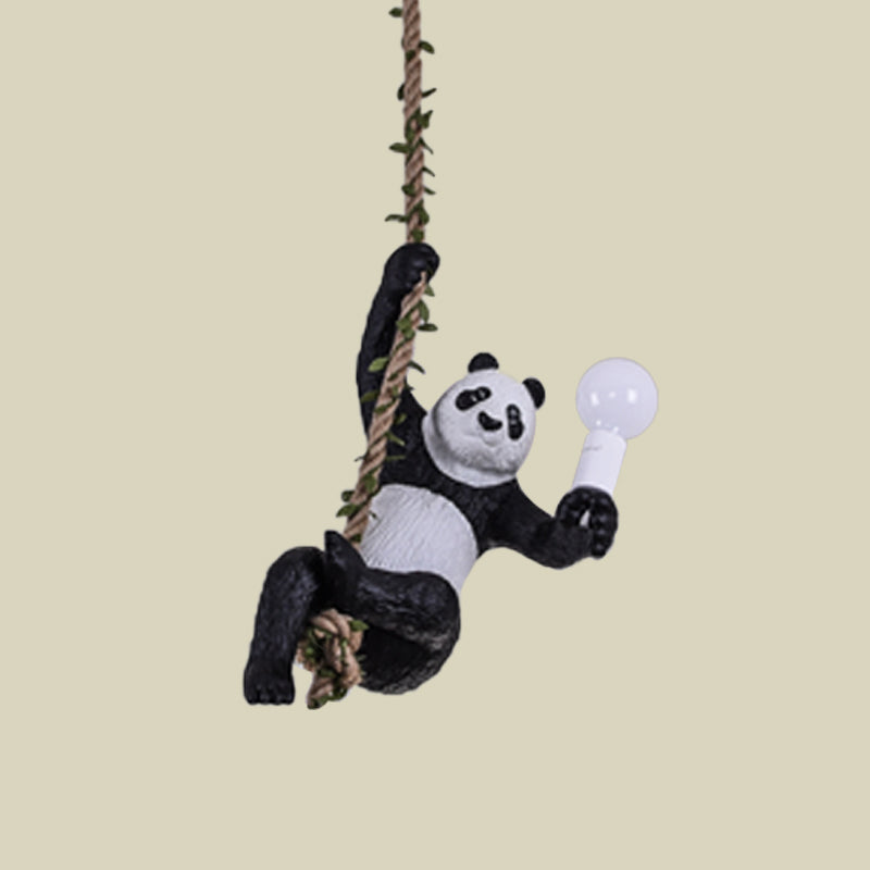 Panda Pendant Light Fixture Creative Resin 1 Bulb Hanging Lamp Kit with Rope Rod in Black and White Clearhalo 'Ceiling Lights' 'Pendant Lights' 'Pendants' Lighting' 966335