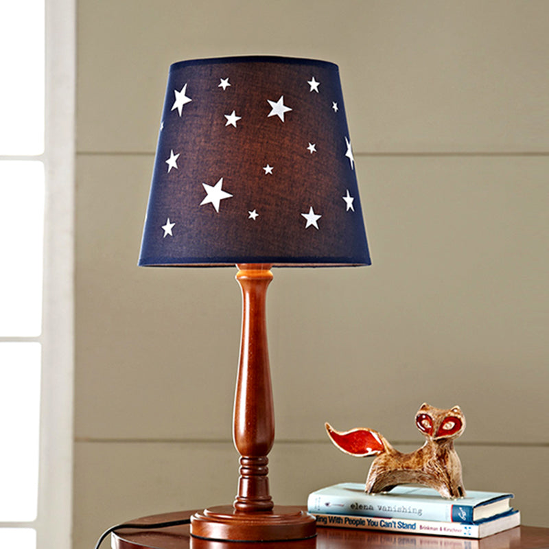 Blue Barrel Shade Night Table Lamp with Star Pattern Modern Single Head Wood Reading Light Clearhalo 'Lamps' 'Table Lamps' Lighting' 966436