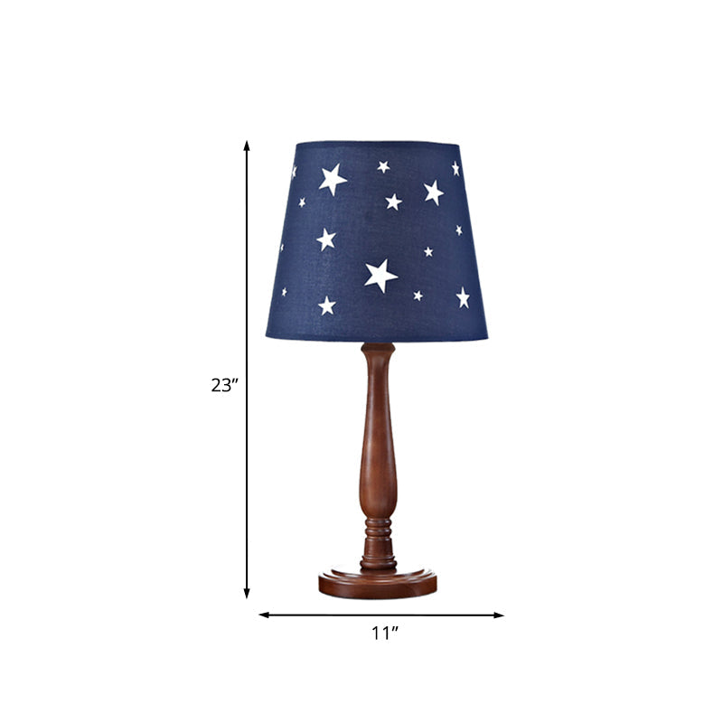 Blue Barrel Shade Night Table Lamp with Star Pattern Modern Single Head Wood Reading Light Clearhalo 'Lamps' 'Table Lamps' Lighting' 966439