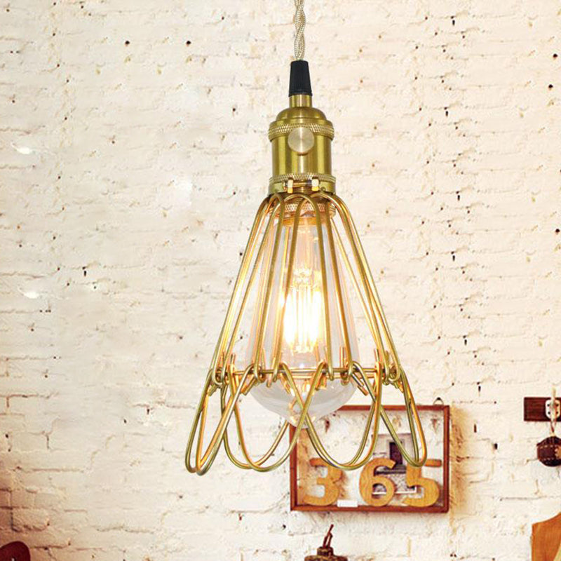 Brass Wire Frame Hanging Light with Ruffled Edge Vintage Metallic 1 Light Living Room Pendant Lamp Brass Clearhalo 'Art Deco Pendants' 'Cast Iron' 'Ceiling Lights' 'Ceramic' 'Crystal' 'Industrial Pendants' 'Industrial' 'Metal' 'Middle Century Pendants' 'Pendant Lights' 'Pendants' 'Tiffany' Lighting' 96736