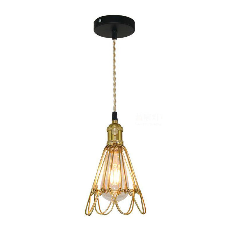 Brass Wire Frame Hanging Light with Ruffled Edge Vintage Metallic 1 Light Living Room Pendant Lamp Clearhalo 'Art Deco Pendants' 'Cast Iron' 'Ceiling Lights' 'Ceramic' 'Crystal' 'Industrial Pendants' 'Industrial' 'Metal' 'Middle Century Pendants' 'Pendant Lights' 'Pendants' 'Tiffany' Lighting' 96738