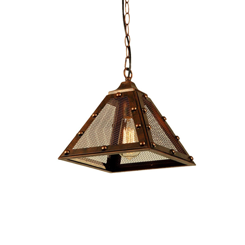 1 Head Mesh Pyramid Shade Pendant Light Farmhouse Style Dark Rust Metal Hanging Lamp with Rivets Deco Clearhalo 'Art Deco Pendants' 'Cast Iron' 'Ceiling Lights' 'Ceramic' 'Crystal' 'Industrial Pendants' 'Industrial' 'Metal' 'Middle Century Pendants' 'Pendant Lights' 'Pendants' 'Tiffany' Lighting' 96832