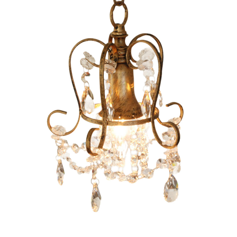 Traditional Scrolled Frame Suspension Light 1 Head Metallic Hanging Lamp Kit in Antique Brass with Crystal Droplet Clearhalo 'Ceiling Lights' 'Pendant Lights' 'Pendants' Lighting' 968412