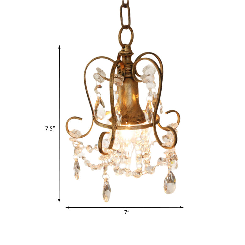 Traditional Scrolled Frame Suspension Light 1 Head Metallic Hanging Lamp Kit in Antique Brass with Crystal Droplet Clearhalo 'Ceiling Lights' 'Pendant Lights' 'Pendants' Lighting' 968414