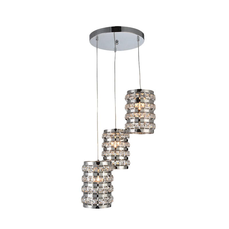 Cylinder Crystal Multi-Light Pendant Contemporary 3 Lights Chrome Finish Ceiling Suspension Lamp Clearhalo 'Ceiling Lights' 'Modern Pendants' 'Modern' 'Pendant Lights' 'Pendants' Lighting' 968615